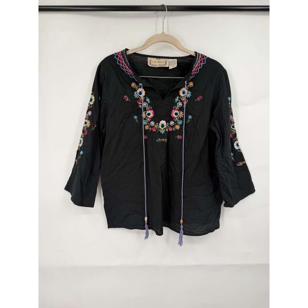 Life Style Cotton Embroidered Bohemian Top Women‎ S Black Prairie Peasant Floral